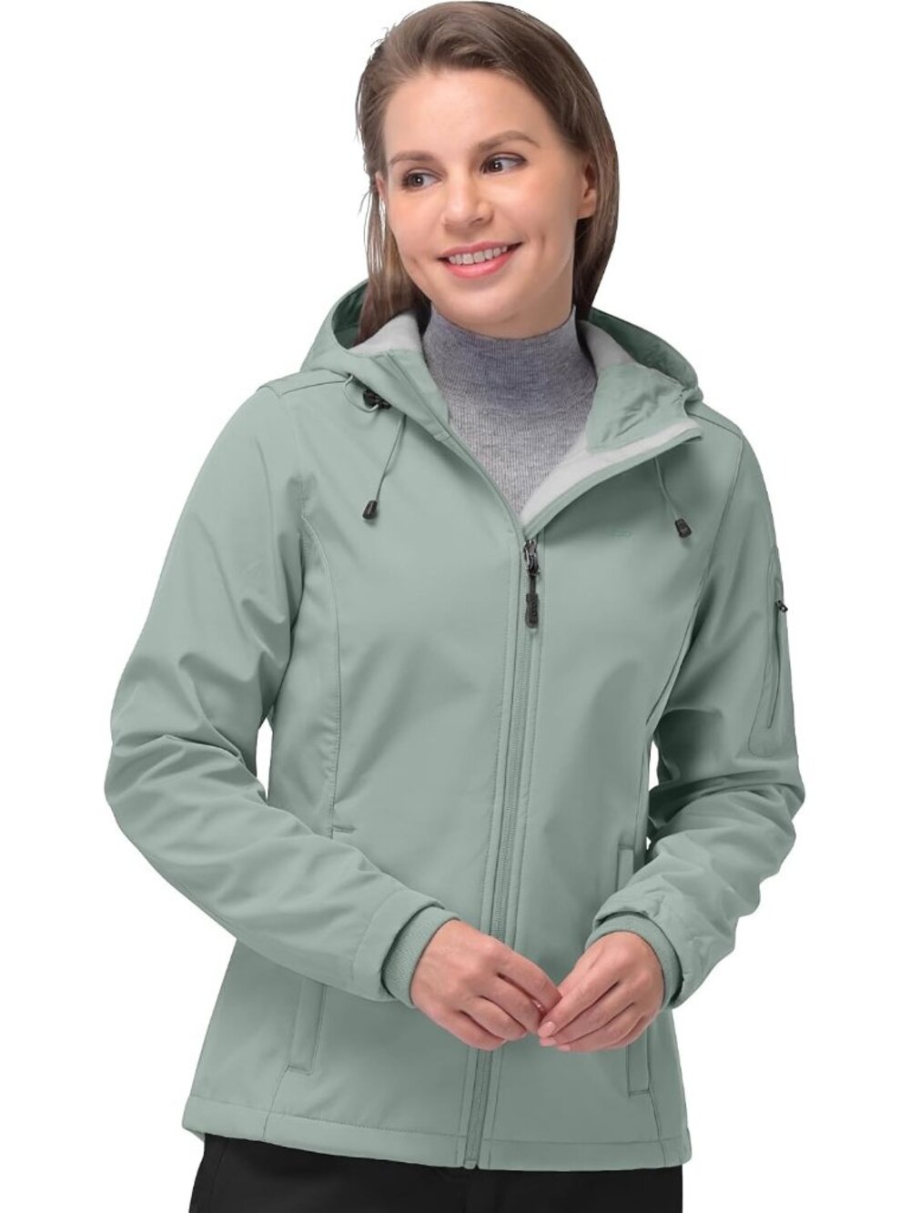Women Light Green Hooded Fleece Lined Softshell Spring Windbreaker Rain Jacket
